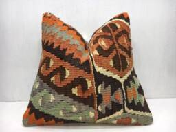 Vintage Turkish Kilim Pillow Cover, Handwoven Bohemian Accent - 16x16 - thumbnail 1