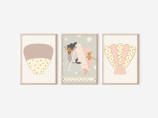 Mermaid & Shell Themed Prints For A Nursery, Little Girls Room Or Playroom. - Prints Only - image 1