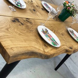 Live Edge Oak Dining Table Rustic Wooden Slabs & Angled Legs - thumbnail 2