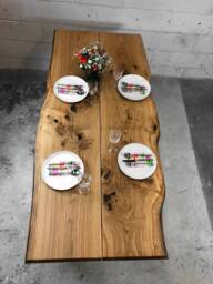 Live Edge Oak Dining Table Rustic Wooden Slabs & Angled Legs - thumbnail 1