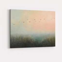Dreamy Misty Meadow Flying Birds Pastel Landscape Canvas Wall Art Print Decor Picture Ready To Hang - thumbnail 4
