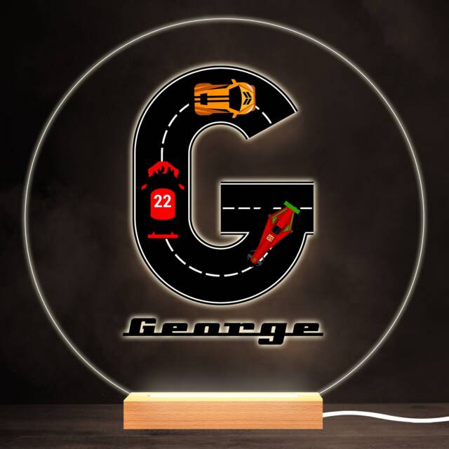 Road Racing Cars Letter G Colourful Round Personalised Gift Led Lamp Night Light - Bedroom - image 1