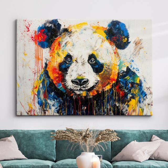 Colorful Panda Animal Abstract Oil Painting Paint Splatter Style Wall Art Framed Canvas Poster Print Home Living Room Decor Fun Gift - image 1