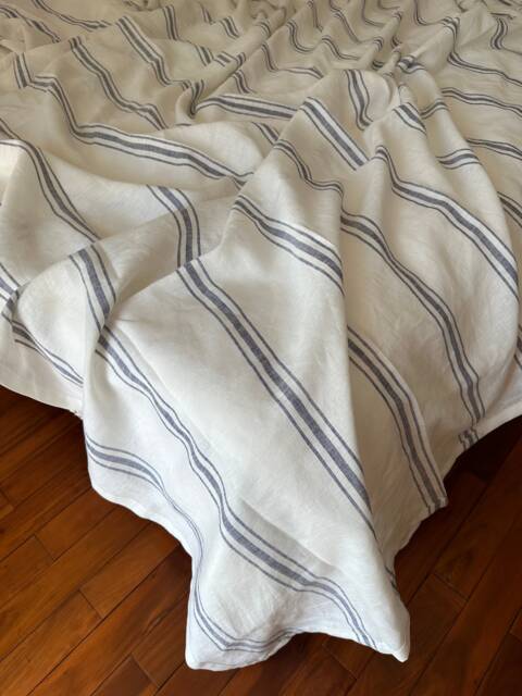 Stone Washed Linen Bedding Set Blue & White Striped Flat Sheet, Pillowcases - image 1