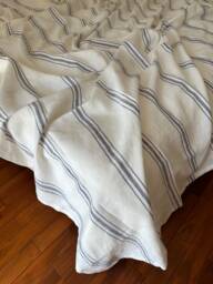 Stone Washed Linen Bedding Set Blue & White Striped Flat Sheet, Pillowcases