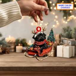 Custom Name Black Pug With Santa Hat Sitting On A Red Sleigh Ornament, Christmas Tree Hanging Decor, Flat 2D Ornament - thumbnail 2