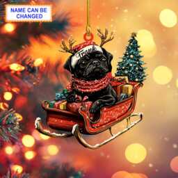 Custom Name Black Pug With Santa Hat Sitting On A Red Sleigh Ornament, Christmas Tree Hanging Decor, Flat 2D Ornament
