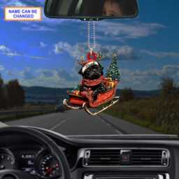 Custom Name Black Pug With Santa Hat Sitting On A Red Sleigh Ornament, Christmas Tree Hanging Decor, Flat 2D Ornament - thumbnail 3