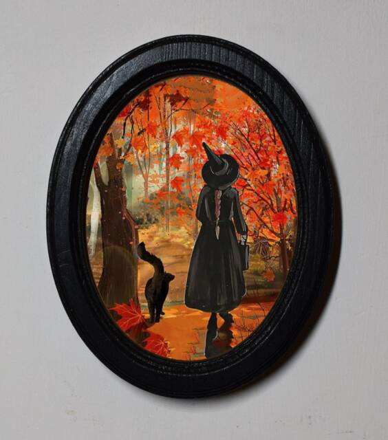 Halloween Black Oval Wooden 3 X 4 Inch Framed Picture, Gothic Print, Witchy Wall Hanging, Free Standing, Autumn Witch - image 1