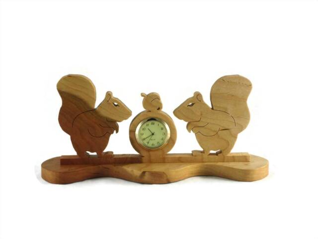 Squirrels & Acorn Nuts Desk Or Shelf Clock Handmade From Cherry Wood By Kevskrafts - image 1