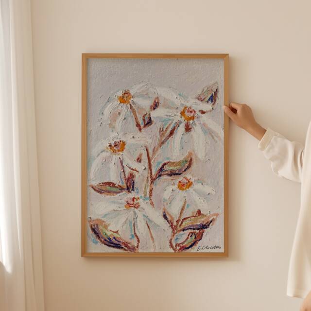 Daisies, Oil Pastel Painting By E. Christine - Fine Art Print - image 1