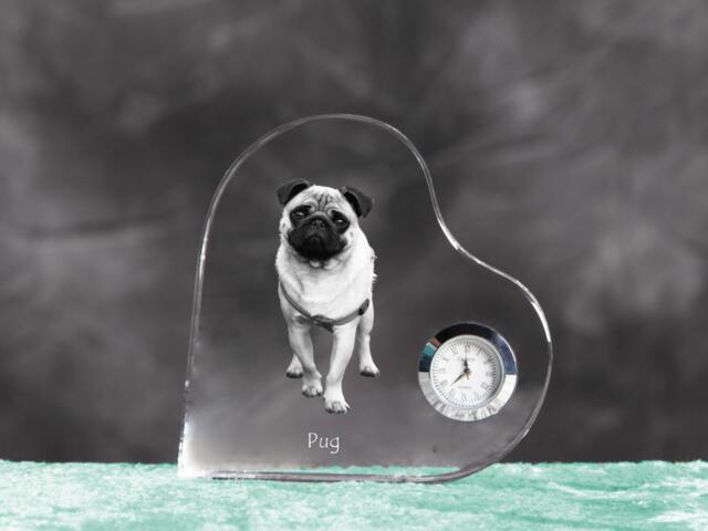 Pug - Crystal Clock in The Shape Of A Heart With Image Pure-Bred Dog - image 1