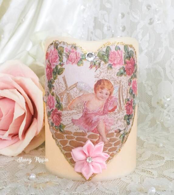 Shabby Chic Valentine Cherub Candle Pink Rose Flameless Led - image 1