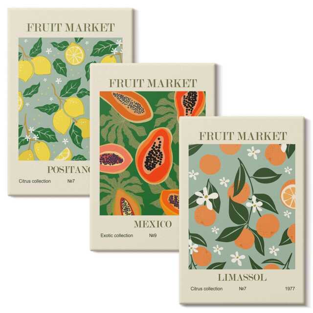 Canvas Wall Art Set Of 3 - Fruit Posters Lemons Papayas Tangerines Flowers, Green Picture Print, Food & Drinks Decor - image 1