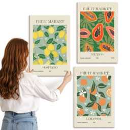 Canvas Wall Art Set Of 3 - Fruit Posters Lemons Papayas Tangerines Flowers, Green Picture Print, Food & Drinks Decor - thumbnail 2