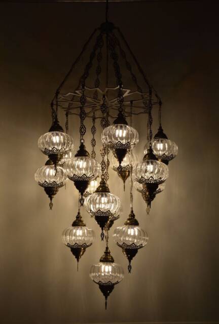 Lamptastico Laser Blown 15 Glass Globe Turkish Moroccan Style Large Chandelier Entryway Lighting Entry Hall Lamp