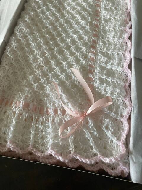 Crochet Baby Blanket - Handmade White Afghan Lace Knit - image 1