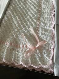 Crochet Baby Blanket - Handmade White Afghan Lace Knit - thumbnail 1