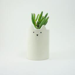 Handmade White Ceramic Cat Pencil Holder Desk Organizer Planter - thumbnail 4
