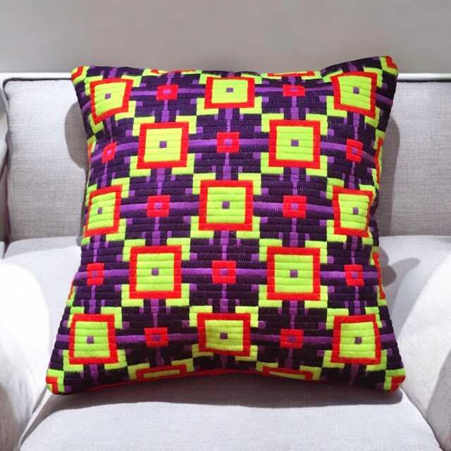 Square Bargello Needlepoint Pillow in Neon Yellow & Purple - image 1