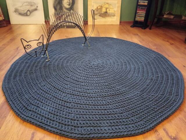 Handmade Cotton Crochet Round Rug Navy Blue & Gray Chunky Floor Rug - image 1