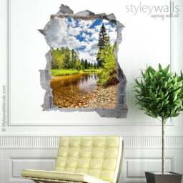 River Wall Decal Mural, Nature Hole in The 3D Effect Sticker, Decal, Broken Mural Home Decor