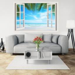 3D Window Beach Decal, Plam Murals Wall Decor, Vinyl Decals, Stickers, Peel & Stick Vinyl W199 - thumbnail 3