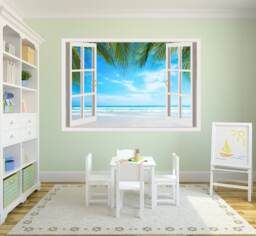 3D Window Beach Decal, Plam Murals Wall Decor, Vinyl Decals, Stickers, Peel & Stick Vinyl W199 - thumbnail 1