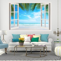 3D Window Beach Decal, Plam Murals Wall Decor, Vinyl Decals, Stickers, Peel & Stick Vinyl W199 - thumbnail 2