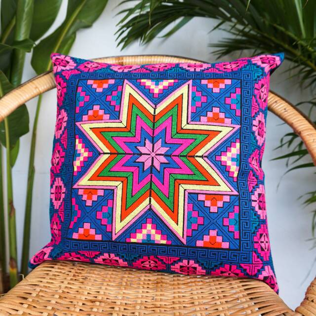 16x16 Embroidered Star Hmong Pillow Cover, Boho Cushion, Tribal Decor - Cs101Stbla - image 1