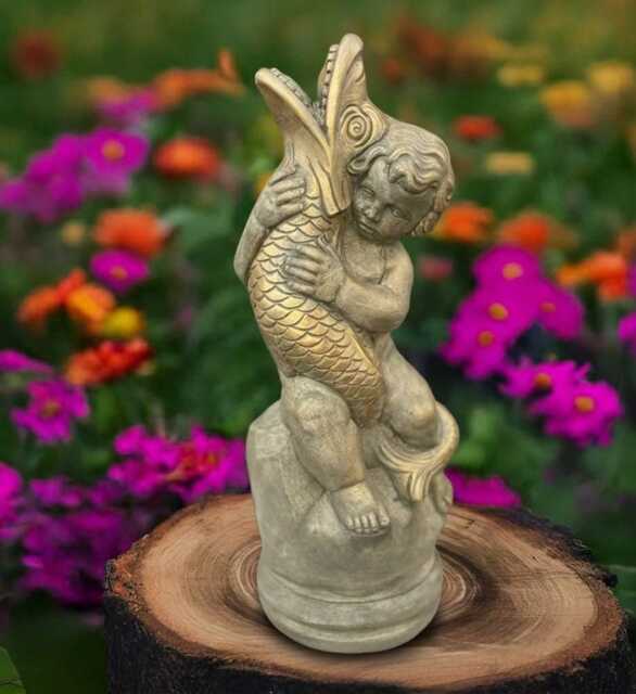 Stone Boy Sculpture Concrete Children With Fish Statue Outdoor Figurine Garden & Home Decoration Handmade Lover Gift Yard Art - image 1