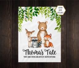 Personalized Baby Name Blanket Gift Bear Deer Fox Custom Coming Home Woodland Hospital Shower New Mom