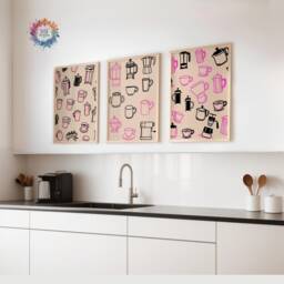 Coffee Poster Prints - Set Of 3 - Pink & Black Kitchen Wall Art Retro Decor Gallery Shop Lover Gifts Trendy - thumbnail 1