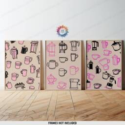 Coffee Poster Prints - Set Of 3 - Pink & Black Kitchen Wall Art Retro Decor Gallery Shop Lover Gifts Trendy - thumbnail 2