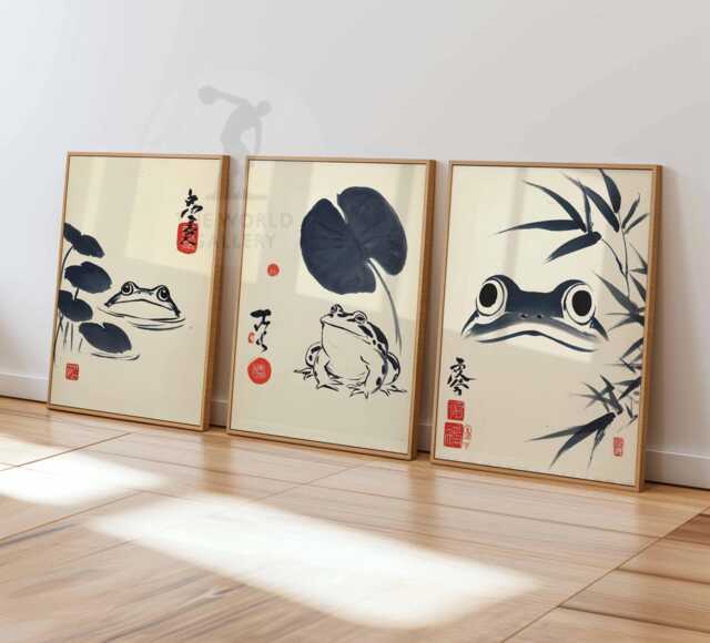 Japanese Ink Frog Print Set, Zen Wall Art, Oriental Illustration - image 1