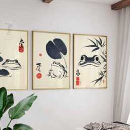 Japanese Ink Frog Print Set, Zen Wall Art, Oriental Illustration - thumbnail 2