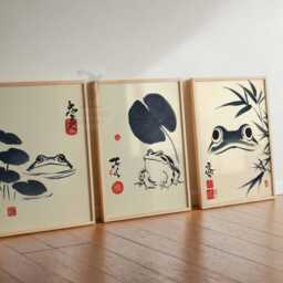 Japanese Ink Frog Print Set, Zen Wall Art, Oriental Illustration - thumbnail 3