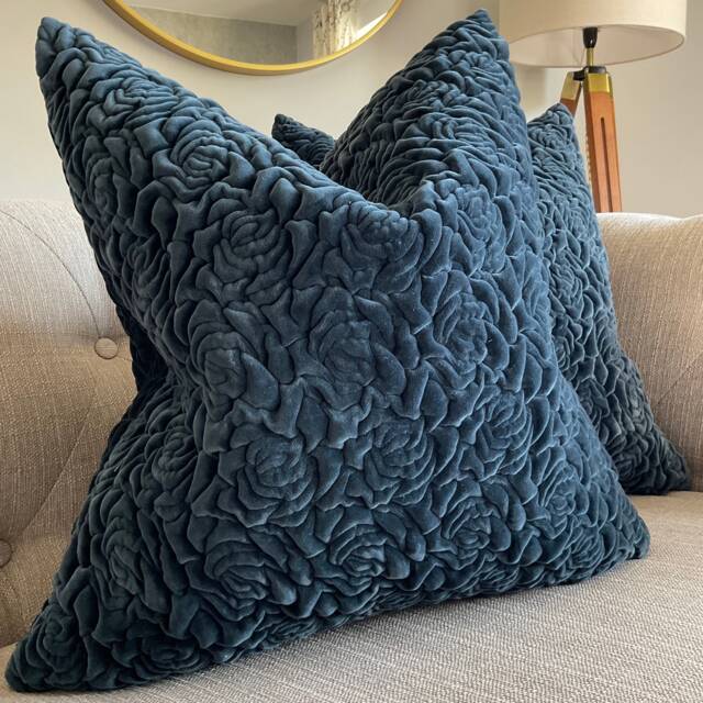 Kirkby Design Roses Indigo Flora Pattern Velvet Cushion Cover, Sofa Pillow Genuine Fabric Kdc5235/02 , Handmade Worldwide Shipping - image 1