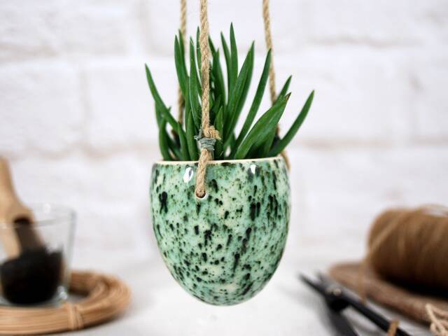 Handmade Speckled Ceramic Hanging Planter Boho Home Decor - image 1