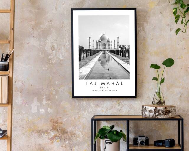 Taj Mahal Print India Landmark Wall Art, Black & White - image 1