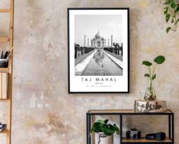 Taj Mahal Print India Landmark Wall Art, Black & White - thumbnail 1