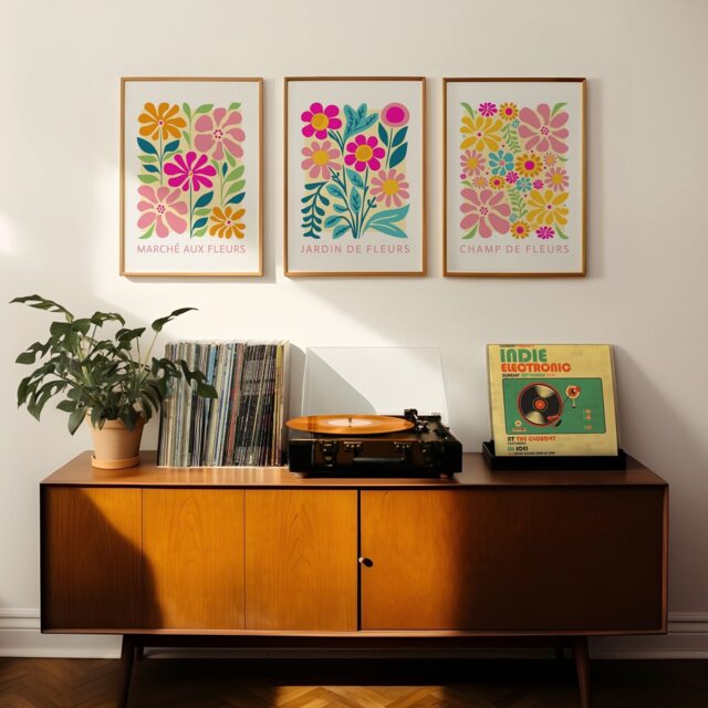 Retro Flower Market Wall Print Set, Abstract Bright Poster, French Print, Floral Decor, Colourful Botanical - image 1