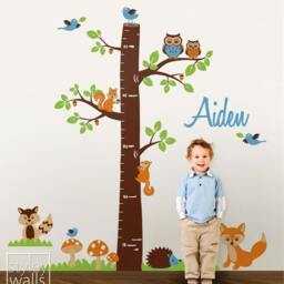 Woodland Animals Personalized Growth Chart Nursery Wall Decal, Forest Tree Baby Room Decor Fox Owls Raccoon Squirrels - thumbnail 2