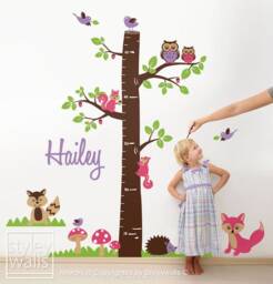 Woodland Animals Personalized Growth Chart Nursery Wall Decal, Forest Tree Baby Room Decor Fox Owls Raccoon Squirrels - thumbnail 1
