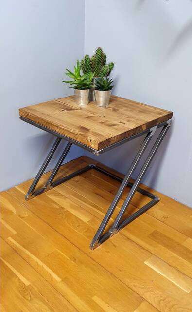 Handmade Industrial Side Table Solid Wood & Steel Z Legs - image 1