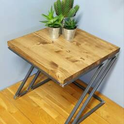 Handmade Industrial Side Table Solid Wood & Steel Z Legs - thumbnail 3