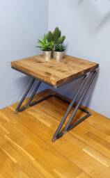 Handmade Industrial Side Table Solid Wood & Steel Z Legs