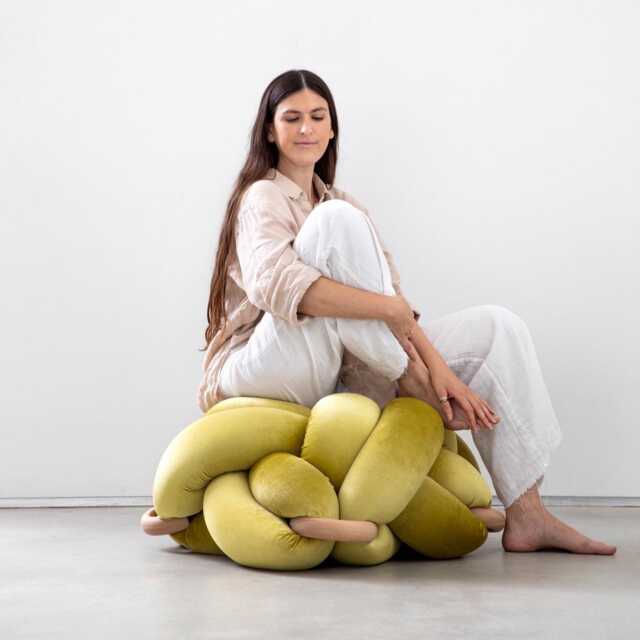 Green Citron Velvet Knot Ottoman, Floor Cushion Pouf, Large Pillow, Extra Seating, Modern Statement Furniture - image 1