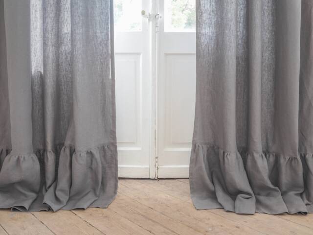 Heavy Linen Curtain Panel With Ruffle, Custom Size, True Gray - image 1