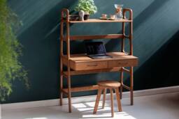 Mid Century Modern Desk With Shelves Wooden Office Desk, Shelf - thumbnail 1